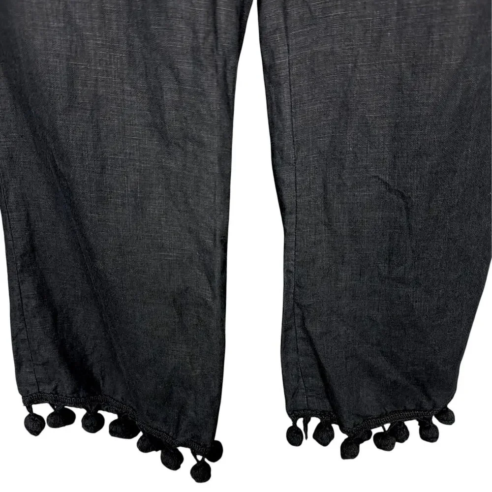 Zara Women's Small 100% Linen Black Straight Leg Cropped Pom Pom Tassel Pants